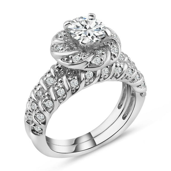 Rhodium Plated Sterling Silver 925 Clear CZ Flower Ring Bridal Set White Jewelry Female Size 6