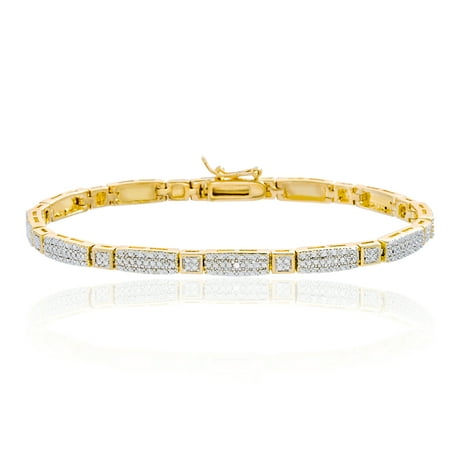 Diamond Modern Tennis Bracelet - Ladies Diamond Accent Alternating Sqaure Tennis Bracelet in Yellow Gold Plated Brass