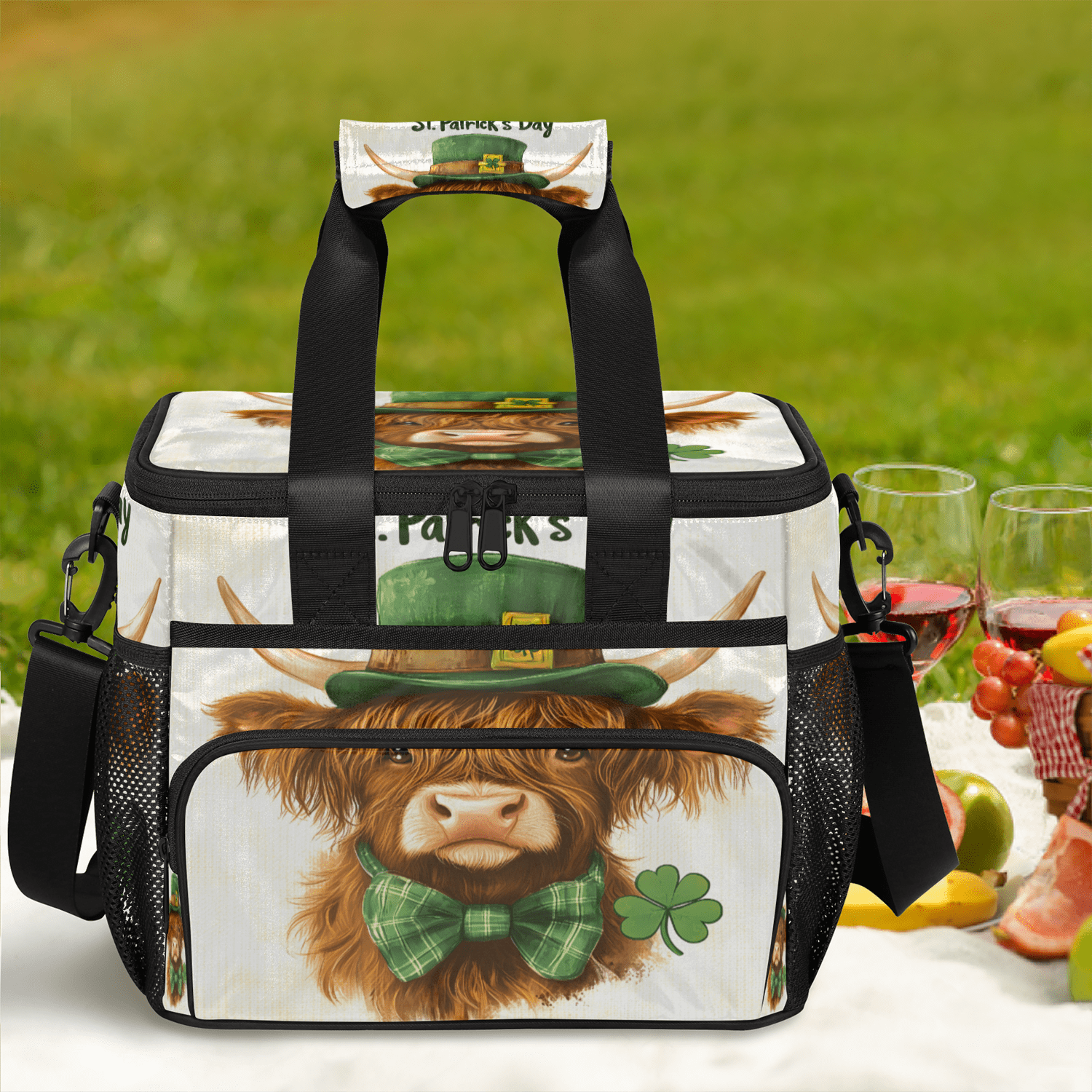Herdesigns Highland Cow St. Patrick's Day Large Lunch Box for Adults Women Men with Adjustable Shoulder Strap, Insulated Reusable Lunch Bag Leakproof Cooler Tote Bag
