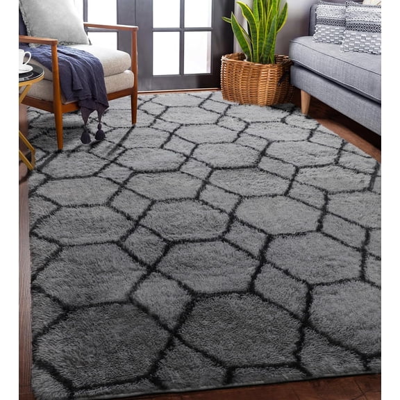 ONASAR Area Rugs for Bedroom Living Room, Washable 4x6 Fluffy Grey and Black Rug, Shaggy Geometric Floor Mat for Home Decor Aesthetic, Soft Plush Fuzzy Carpet for Nursery Kids Teen Dorm