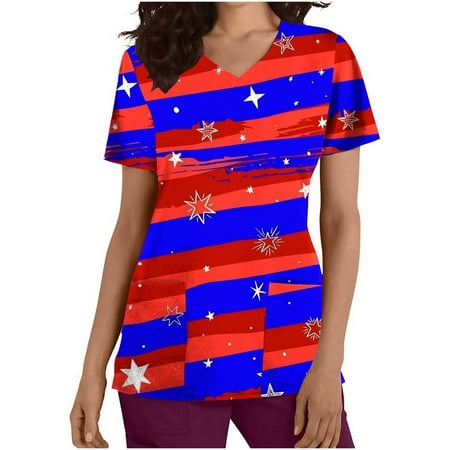 

Yyeselk 4Th of July Women Scrubs Tops Workwear Short Sleeves USA Flag Stripe Star Workwear Tee Shirt V-Neck Comfy Holiday Tunics with Pockets Red L