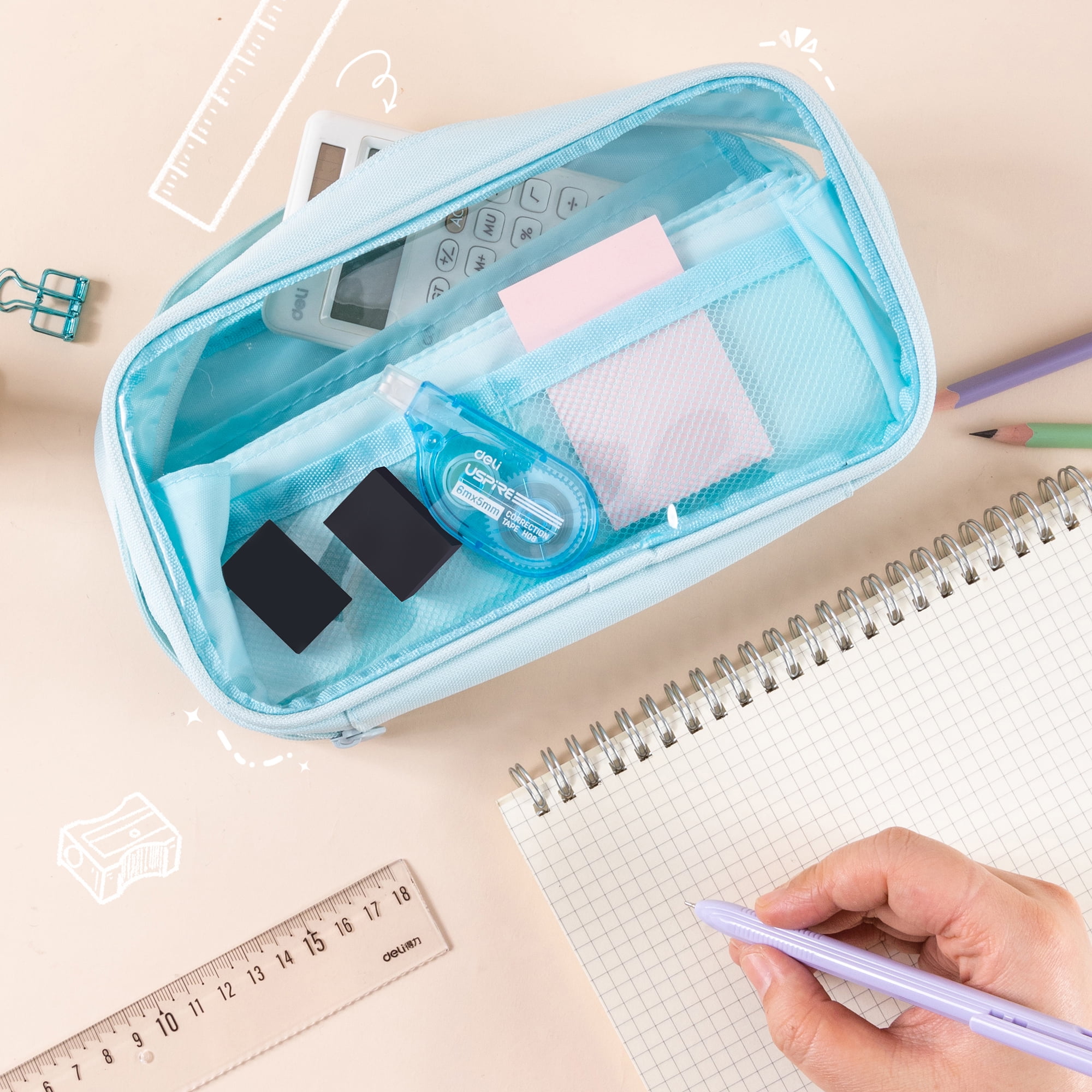 Deli Pencil Case for Kids,Large Capacity Foldable Pencil Pouch with 4 Compartments, School Supplies Organizer Bag for Students, Teens and Office Use,Blue