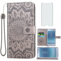Compatible with Samsung Galaxy J3 Orbit J 3 Star 2018 3J Achieve Wallet Phone Case and Tempered Glass Screen Protector Flip Credit Card Holder Stand Mandala Flower Cell Cover for J337A J337V Gray