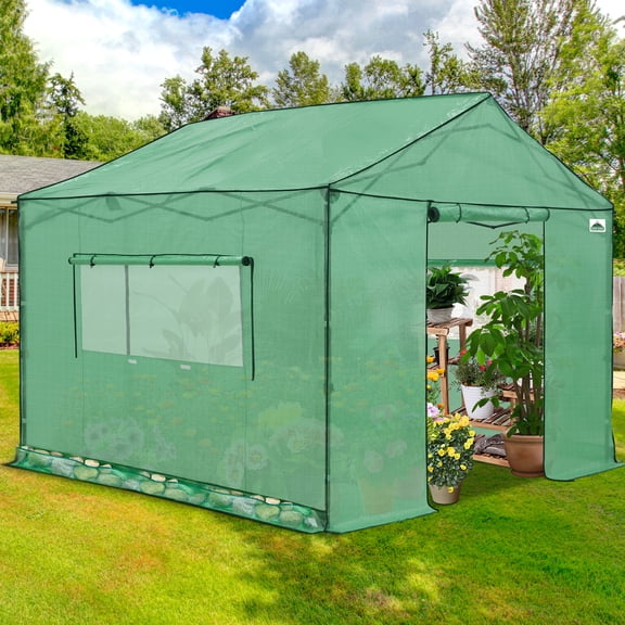 EAGLE PEAK 10x10 Portable Pop Up Greenhouse, Patented Center Lock, Walk-in Outdoor Greenhouse Zippered Doors Windows, Green