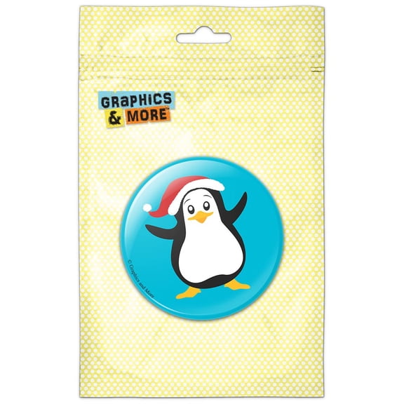 Christmas Penguin in Santa Hat on Blue Pinback Button Pin Badge