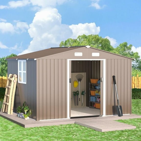 ALAULM 10 x 8 ft Outdoor Storage Shed, Waterproof Lockable Door Metal Tool Shed with Sliding Door & Ventilation, Gardening Tool Storage, Brown