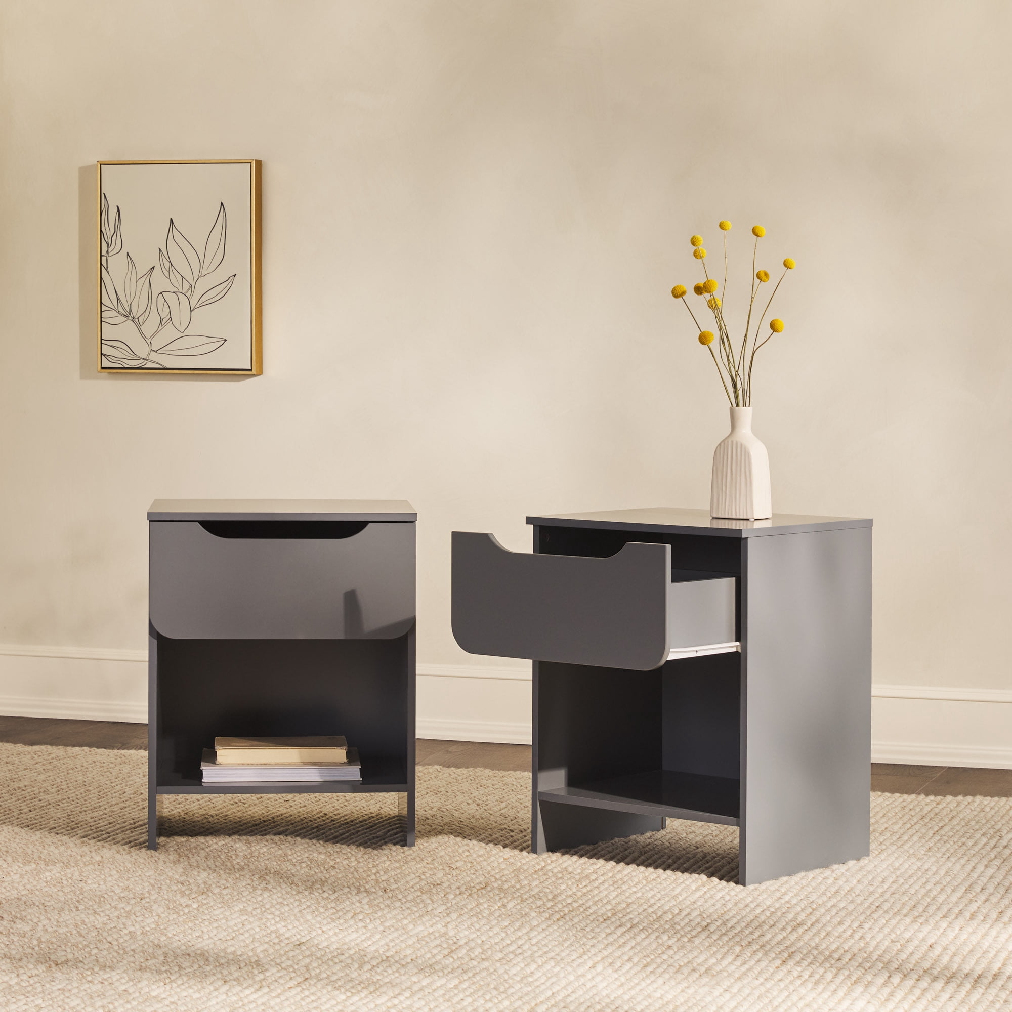 Walker Edison Modern Scandi 1-Drawer Nightstand, 2 Pack, Dark Grey