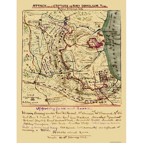Historical Civil War Map - Fort Donelson Tennessee Attack Capture - Grant 1862 - Vintage Wall Art