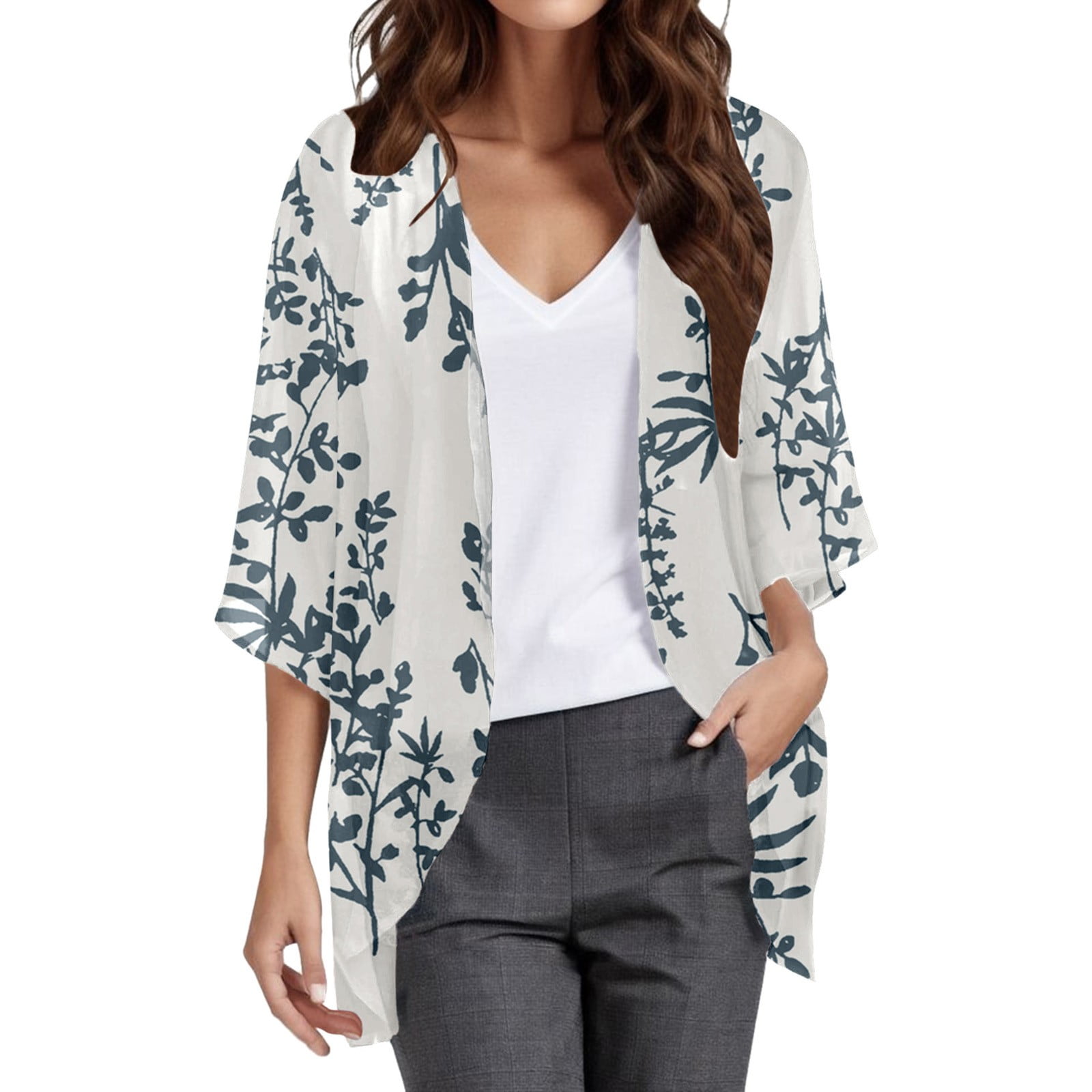 PMUYBHF Female Women Cardigans Lightweight Summer Womens Floral Print Puff Sleeve Chiffon Cardigan Loose Cover Up Casual Blouse Tops L Navy