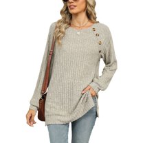 SWSMCLT Women's Soft Pullover Sweater Long Sleeve Work Boat Neck Tunic Top Button Split Crewneck Knit Fall Fashion Cream Small