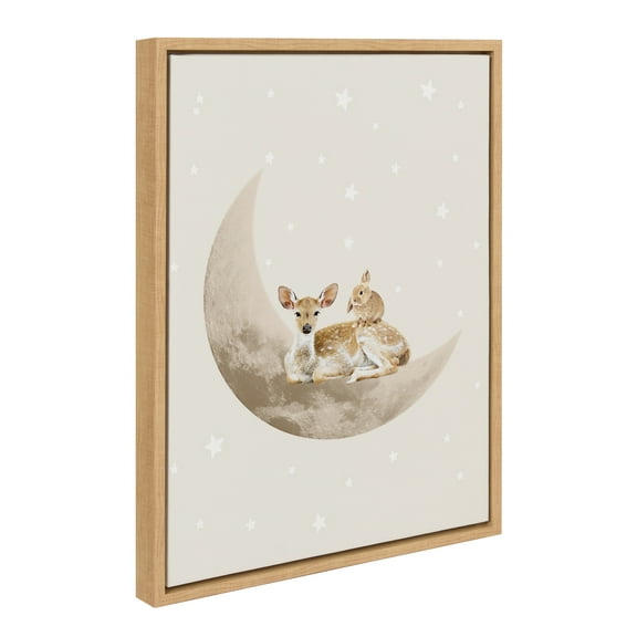 Kate and Laurel Sylvie On the Moon Framed Canvas Wall Art by July Art Prints, 18x24 Natural, Soft Animal Moon Wall Art Decor
