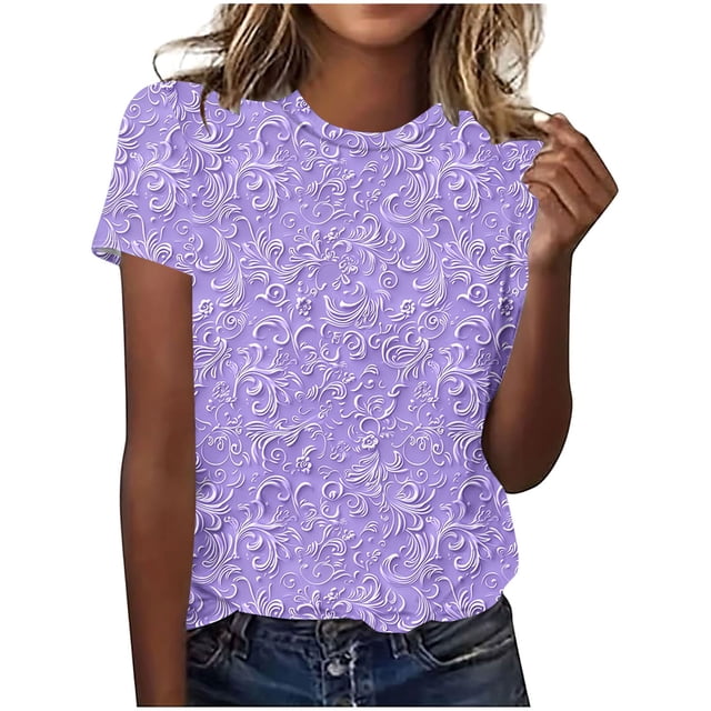 Hauts d'Été pour Femmes DYTTDG T-shirt à Fleurs Mode pour Femmes Grande Taille Col Rond Manches Courtes Décontracté Ample Tee Haut Hauts pour Femmes Liquidation Moins de 10 Multicolore,m