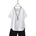 thumbnail image 3 of MRULIC t shirts for women Women Casual Solid Linen Button Short Sleeve Pocket Shirt Blouse Loose Top Womens t shirts White + 3XL, 3 of 7