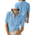 thumbnail image 3 of Women's Cable Knit Sweater Short Sleeve V Neck Soft Casual Pullover Top Solid Color Light Blue L, 3 of 6