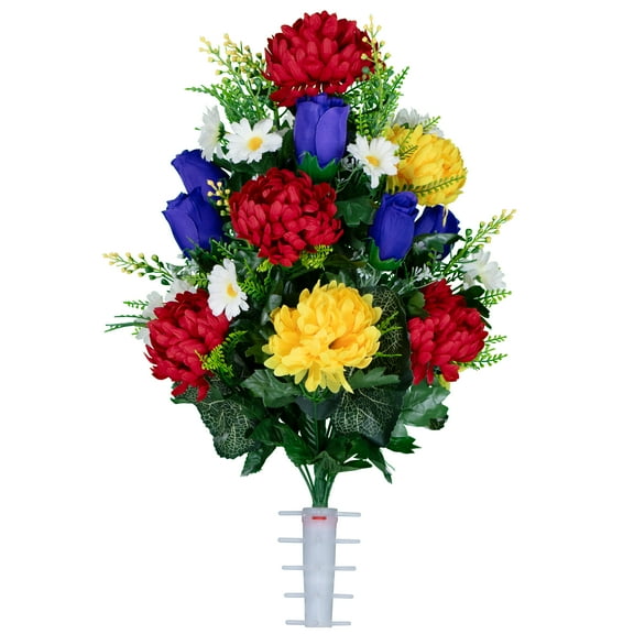 Sympathy Silks Cemetery Flowers Artificial Purple Roses with Red and Yellow Mums