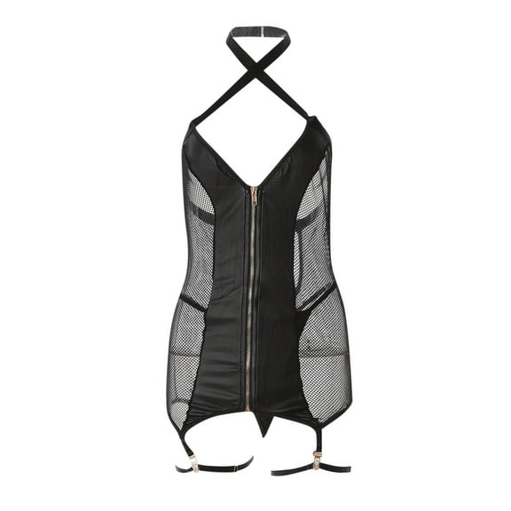 Women Lingerie Sexy Black Lace Up Leather Backless Teddy Sexy Lady Bodysuit Latex Underwear