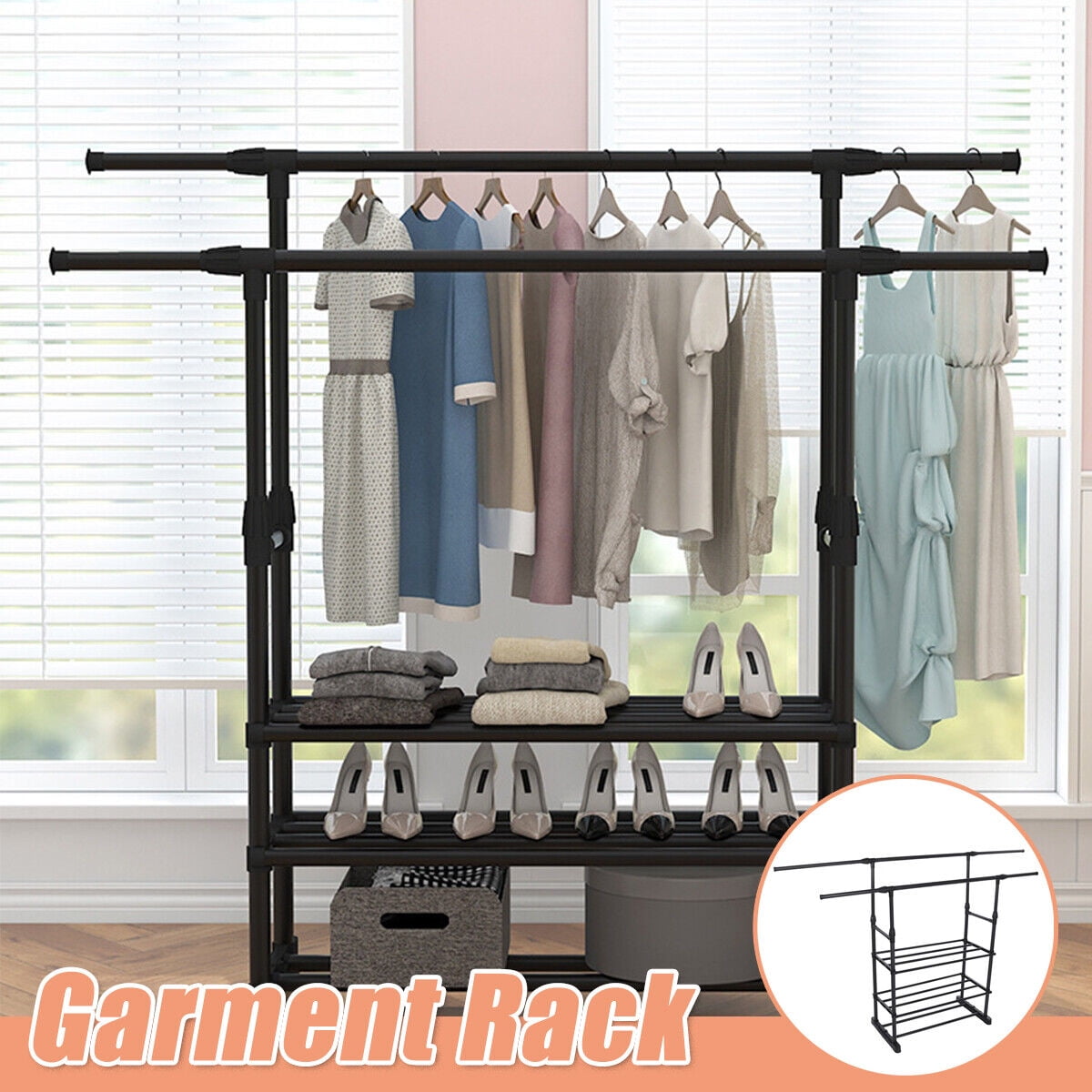 3 Tiers Double Rails Clothes Rack, Metal Rolling Garment Rack, Clothing