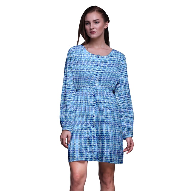 Bimba Robe Midi à Boutons Teinture sur Nœuds Ombre Bleue Chemise Femme Été Tunique Décontractée-TTTG