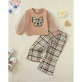 thumbnail image 2 of Kucnuzki 12 Months Infant Baby Girls Outfit Set 18 Months Kid Child Clothing Winter Mesh Puff Long Sleeves Bowknot Pullover Top Plaid Flared Pants Sets 2pcs Clothing Khaki, 2 of 7