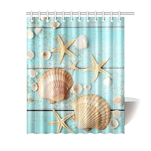 MKHERT Summer Blue Wooden Seashell Starfish Waterproof Shower Curtain Decor  Fabric Bathroom Set 60x72 inch