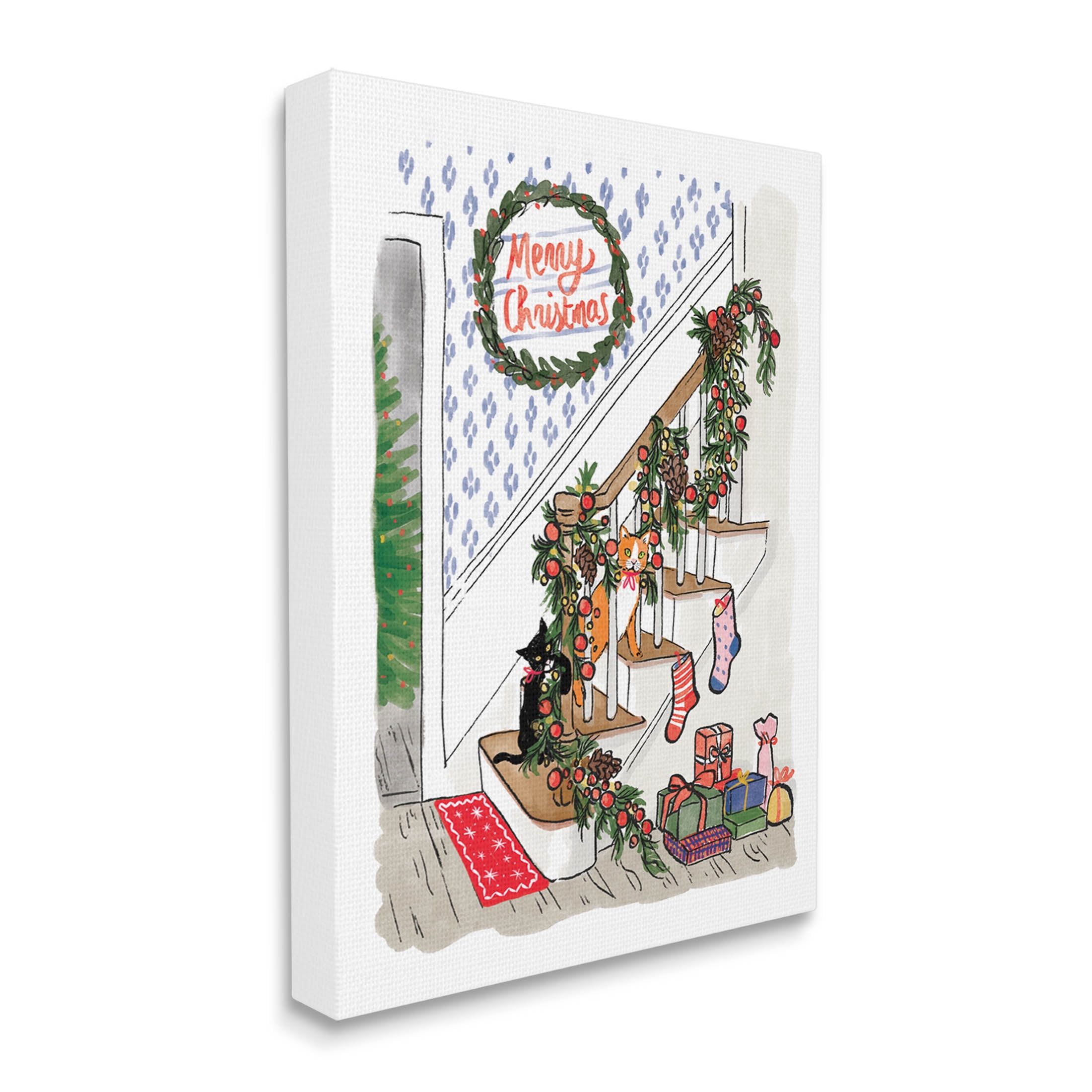 Merry Christmas Holiday Stairway Holiday Graphic Art Gallery Wrapped Canvas Print Wall Art