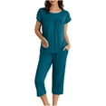 thumbnail image 3 of VBTAPA Womens Pajama Sets Short Sleeve Pleated Top and Capri Pants Matching Pjs Set Soft Comfy Sleepwear Solid Color Lounge Sets with Pockets Blue M, 3 of 8