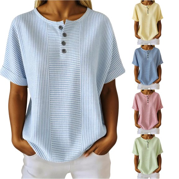 Xiaoxatg Womens T Shirts, Casual Solid Color Button Front Short Sleeve Top with Striped Detail for Everyday Wear Womens T-Shirts Light Blue XXXL
