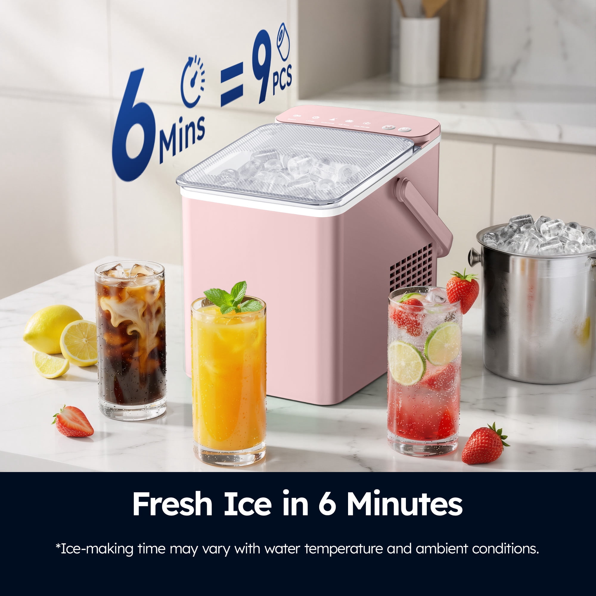 SIMZLIFE Portable Countertop Ice Maker Machine, 26 lbs Ice Per Day, 9 Bullet Ice Cubes Ready in 6 Minutes, Small & Large Ice Sizes, Self-Cleaning, 1.1L Water Tank, Ice Scoop & Basket, Pink
