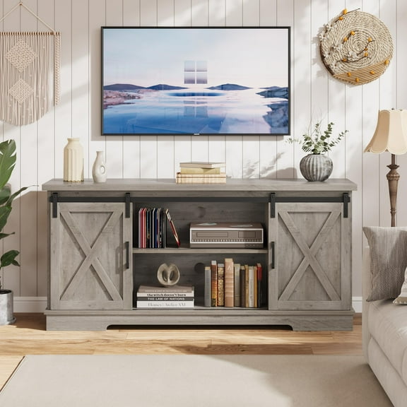 TV Stand for 65 Inch TV, Wood TV Stand with Sliding Barn Door, 58" Entertainment Center with Storage Cabinets and Adjustable Shelves, Modern Media TV Console Table for Living Room Bedroom