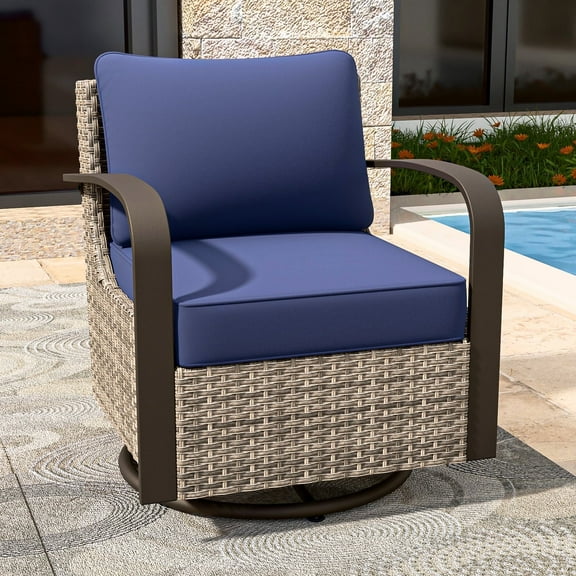 COOS BAY Aurora Terrace Brown Wicker Rattan Patio Swivel Rocking Glider Chair, Metal Curved Armrest, Blue Cushion