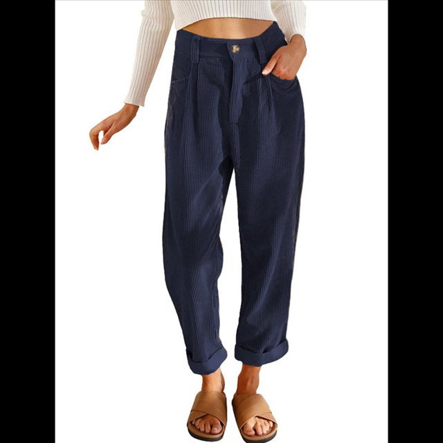 Pantalones Casuales de Cintura Alta y Pierna Recta para Mujer, Holgados y Cómodos, con Bolsillos Azul Marino M