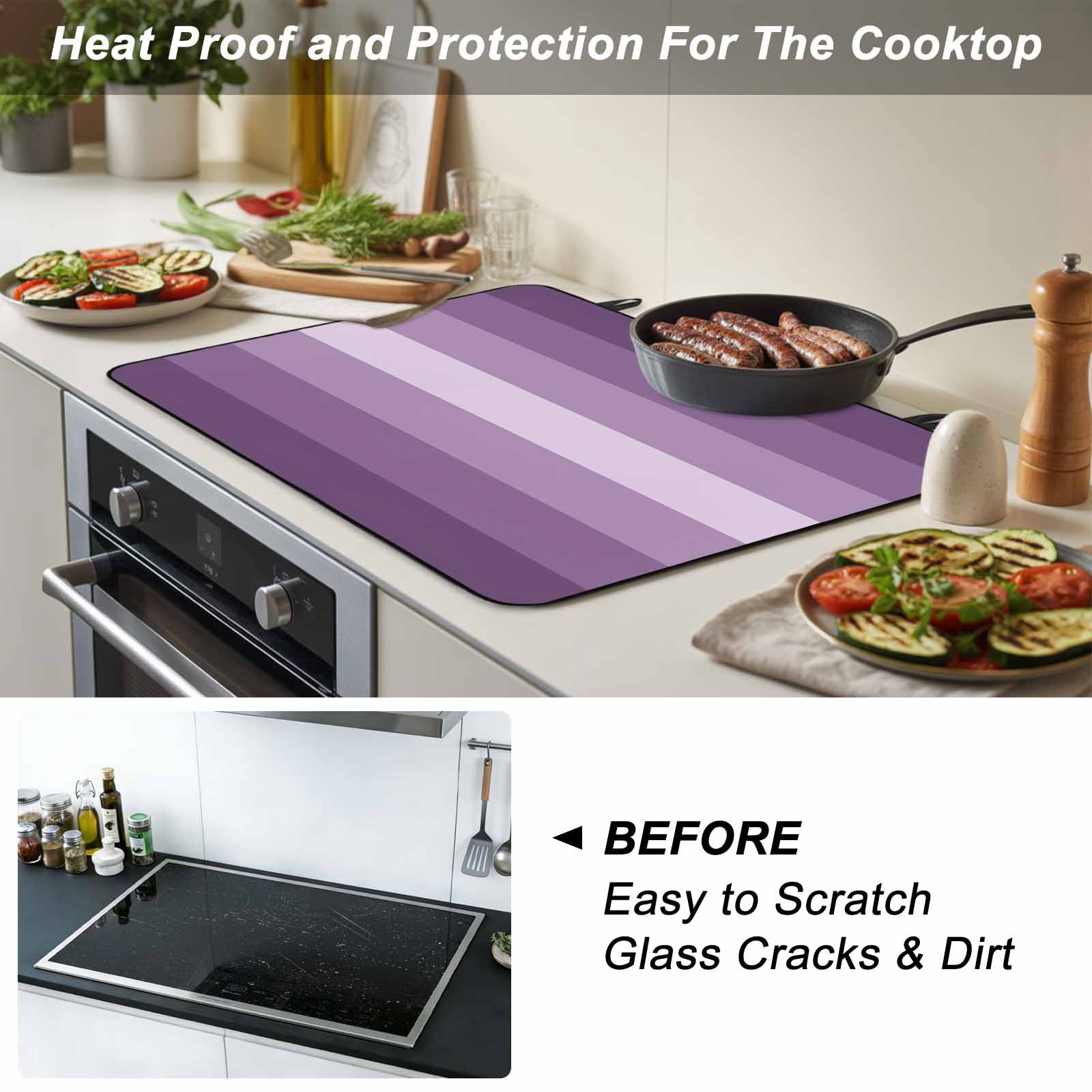 Geometric Purple, Stove Top Cover for Electric Stove, Heat-proof & Non Slip Glass Top Stove Cover Protector, Solid Ombre Geometric Modern Stripe Kitchen Flat Cooktop Rubber Mat 31x24 Inches