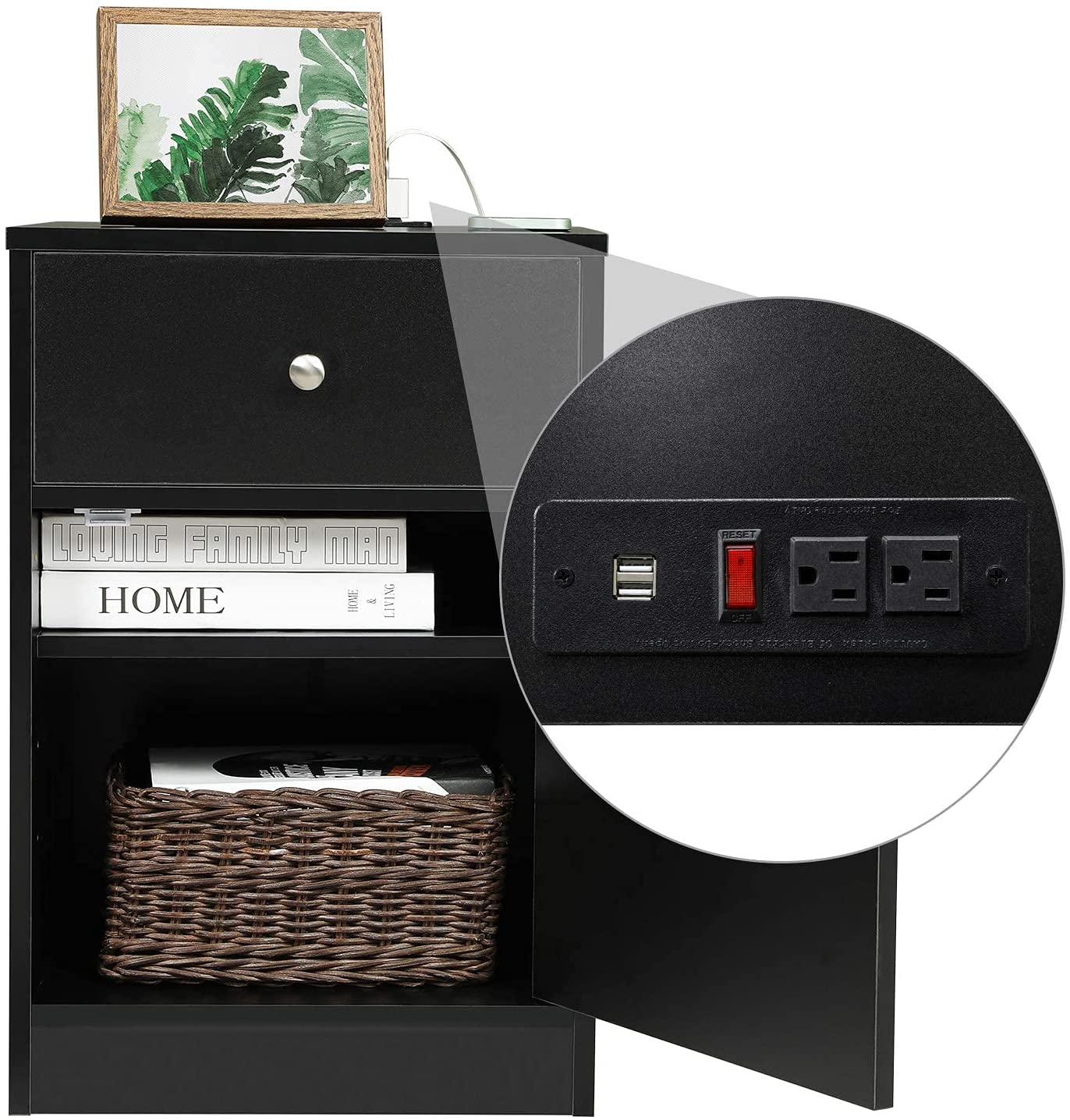 Nightstand with USB Port, Side Table with Sliding Drawer, Black