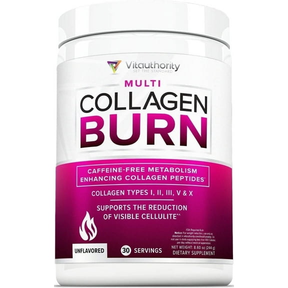 Vitauthority Multi Collagen Peptides Hydrolyzed Collagen Burn Powder, Unflavored, 30 servings