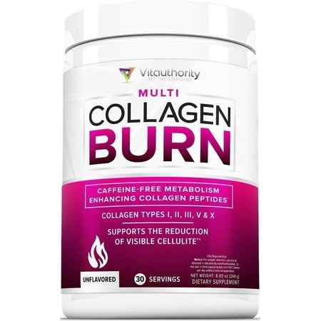 Vitauthority Multi Collagen Peptides Hydrolyzed Collagen Burn Powder, Unflavored, 30 servings