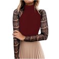 thumbnail image 1 of Camisas informales de malla de manga larga para mujer, jersey a rayas con cuello medio alto, túnica, Tops de manga larga de encaje Pompotops  gfhjh22375, 1 of 8