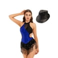 thumbnail image 2 of Haitryli Women Sequin Jazz Dance Outfit Sleeveless Tassel Leotard with Hat Set Performance Dancewear Royal Blue M, 2 of 7