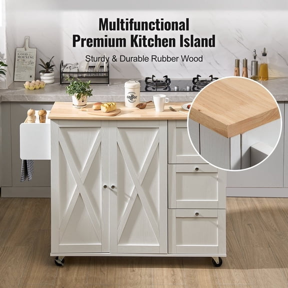 Style Kitchen Island Cart with Solid Wood Top, 45.3" Wide Mobile Cart with Storage Cabinet, Spice Rack, Towel Holder, Drop Leaf & Drawer, White - Portable Rolling Kitchen Island with Wheels