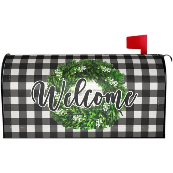 Spring Summer Welcome Mailbox Covers Magnetic Standard Size 21 x 18 Inchs Spring Decor Wreath Buffalo Plaid Print Holiday Decorations Mail Wraps Post Letter Box Cover for Home Garden Outdoor Decor