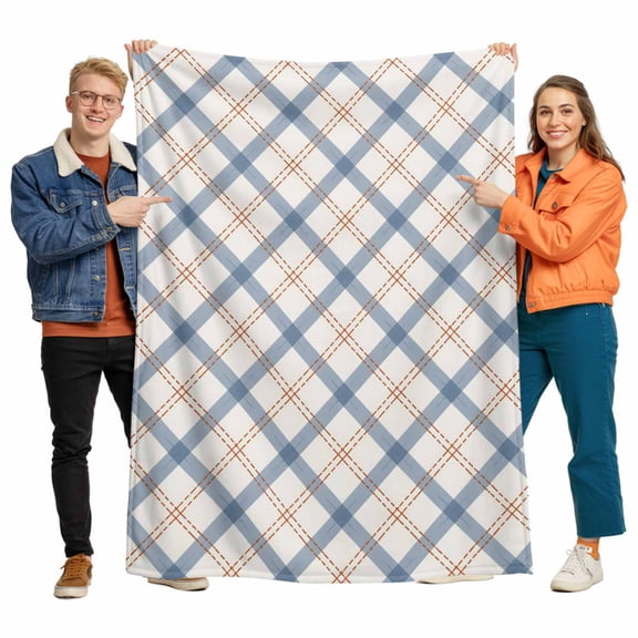 Flannel Throw Blanket for Couch Sofa Bed, Farm Orange Blue Lattice Soft Cozy Warm Fuzzy Blanket 40x50in