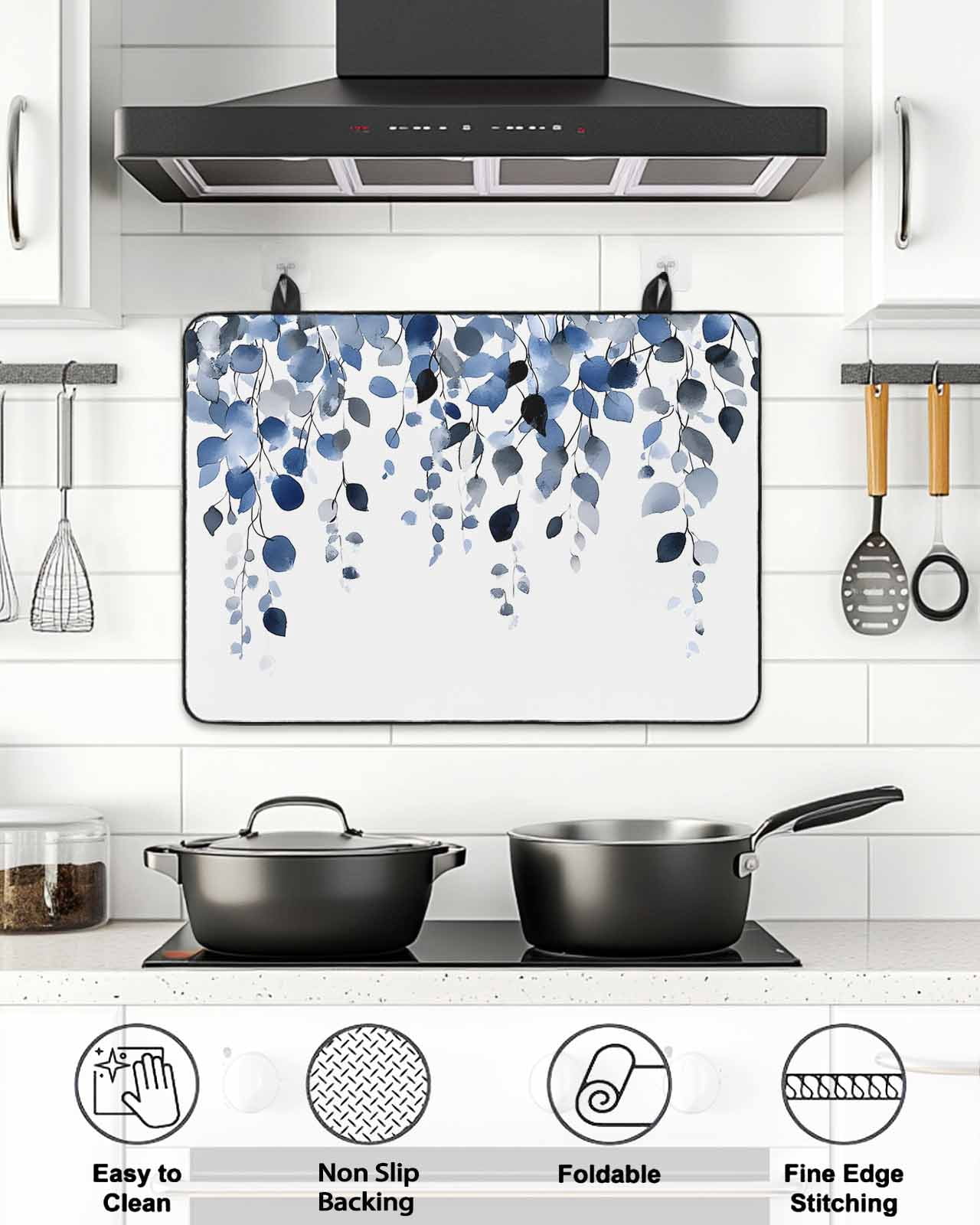 Stove Top Covers for Electric Stove, Blue Eucalyptus Leaves Glass Stovetop Cover Protector, Summer Botanical Watercolor Induction Cooktop Protector Oven Mat for Kitchen Countertop 24"x21"