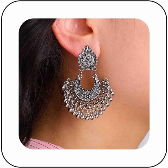 PinesC Boho Gypsy Circle Dangle Earrings Gold Gypsy Earrings Ethnic Chandelier Tassel Earrings Tribal Filigree Drop Earrings Bead Bell Earrings Traditional Indian Earrings Jewelry for Women