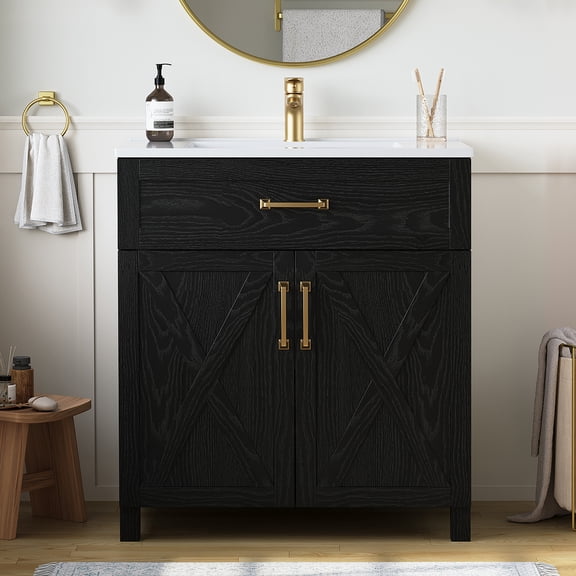 DELUXE LIVING 30" Bathroom Vanities with Sink Top, Farmhouse Freestanding Storage Cabinet, Soft Closing Drawers, Black oak