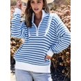 thumbnail image 4 of Women Striped Half Zip Long Sleeve Ribbed Knit Pullover Comfy Casual Light-Weight Tops Fall Fashion Blue XL, 4 of 8