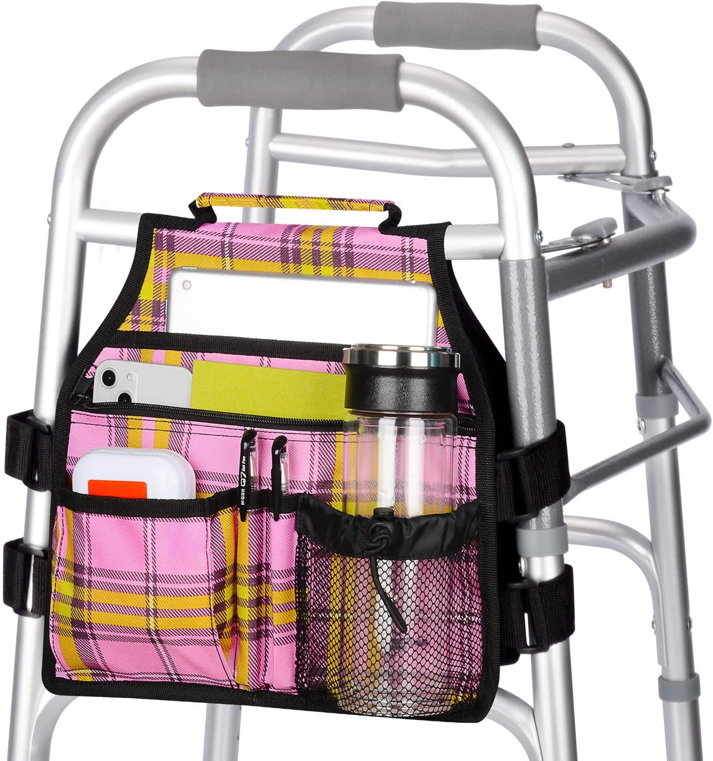 supregear Walker Side Bag Organizer Pouch Tote, Easy to Install and Lightweight (Plaid Pink