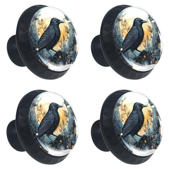 4 Pcs Black Crow Print Cabinet Knobs 30mm Round Crystal Glass Drawer Handles Pulls with Screws for Kitchen Cupboard Wardrobe Closet Dresser, Home&Office