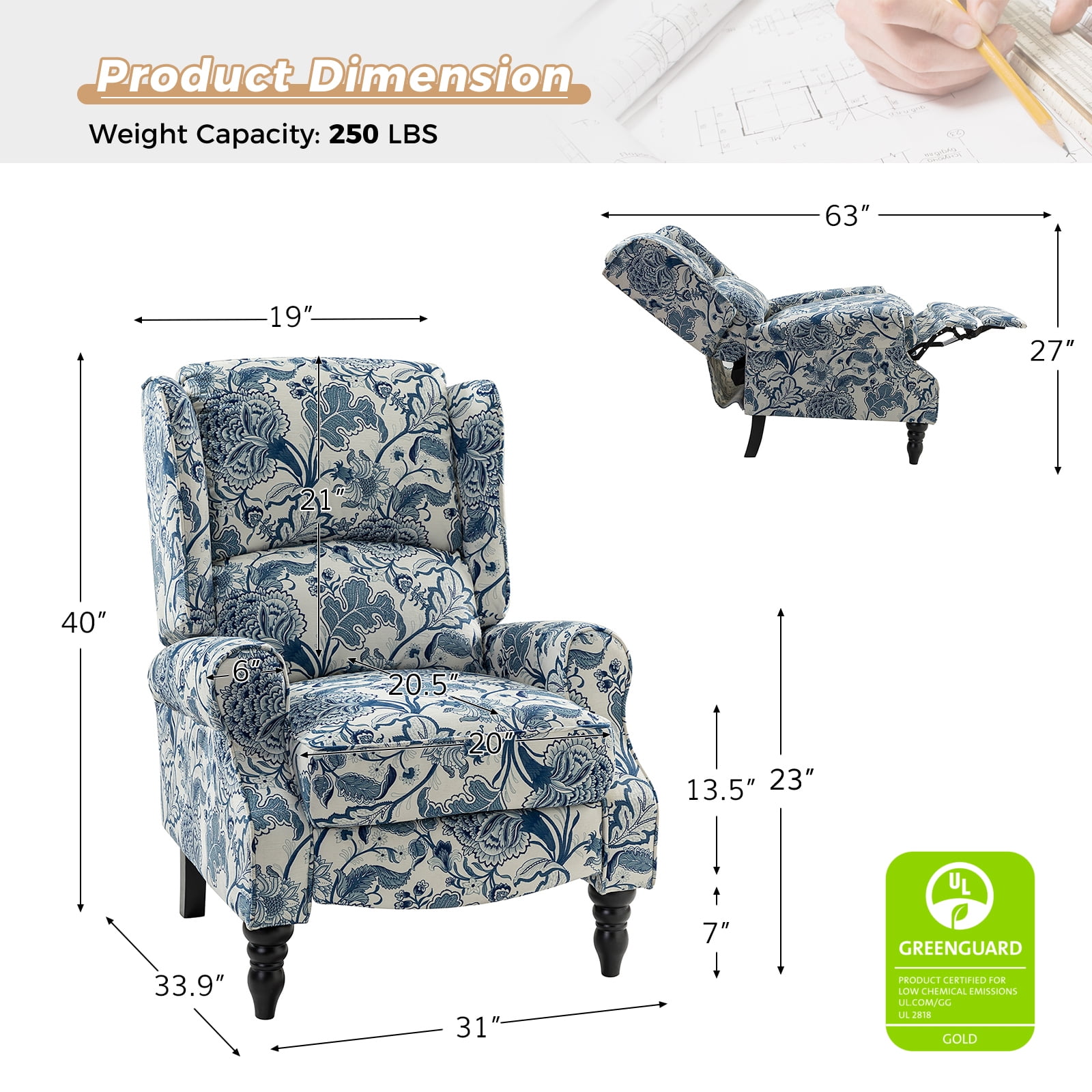 Tina's Home Vintage Floral Wingback Manual Push Back Recliner Chair for Living Room Home Theater GREENGUARD Certified Blue