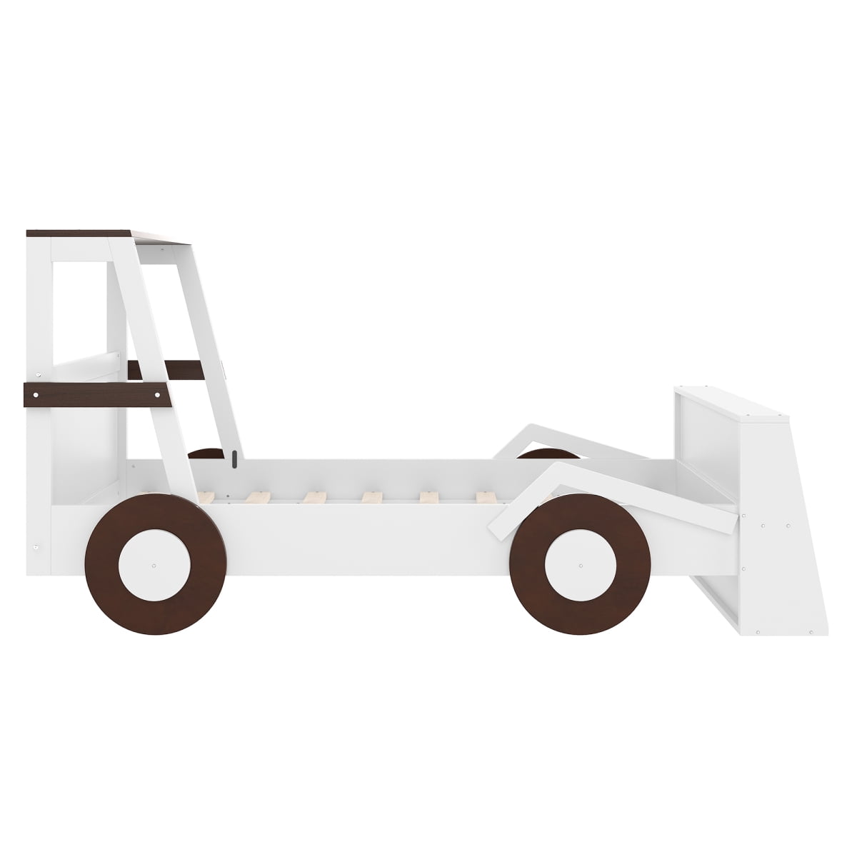 Luckynote Twin Car Bed, Platform Design with Storage Shelves, Themed Race Car Shape for Themed Rooms, Brown & White