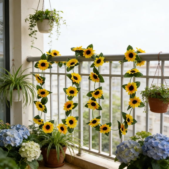 26 Heads Artificial Sunflower Vine Garland 90.5in Orange Polyester Greenery Rattan Flexible Faux Flower Rope For Wall Fence Mantel Stair Rail Indoor Outdoor Party Wedding
