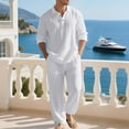 thumbnail image 2 of Felirenzacia Casual Summer Matching Set for Men – Cotton Linen Henley Shirt and Drawstring Pants, Long Sleeve Lightweight Yoga Outfit for Travel, Lounge, and Beach Wear, 2 of 7